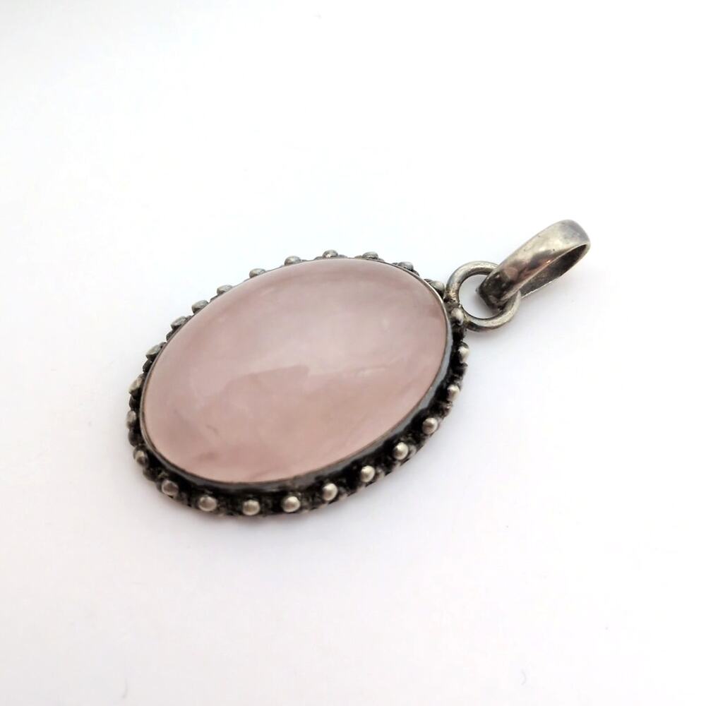 Sterling Silver 925 Oval Pink Rose Quartz Cabochon Gemstone Pendant 12g 1.75in